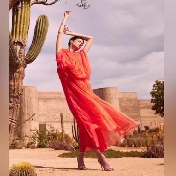 NWT! Banana Republic Solar Orange Aveline Crinkle Silk Maxi Dress -Multiple - Picture 2 of 7